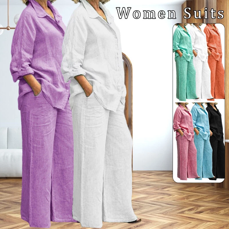 Women's Cotton Linen Suit Sleeve Shirt Long Loose Pants Set Female