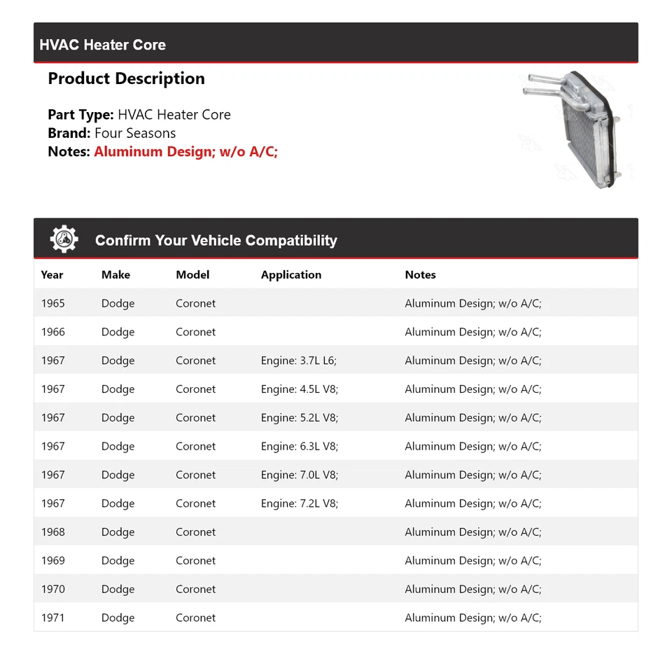 Para 1965-1971 Dodge Coronet HVAC Heater Core 4 estações 1966 1967 1968 1969 1970 - Imagem 2 de 4