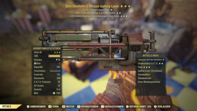 fallout 76 pc Ultrazit Gatling Laser mit 50% Schaden Ghule und 50% VATS Chance