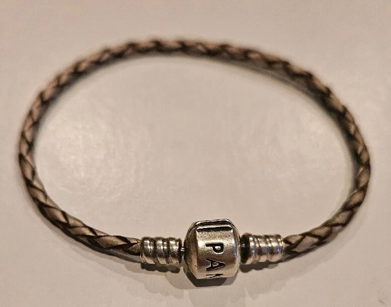 Authentic Pandora Sterling Silver Champagne Leather Braided Bracelet