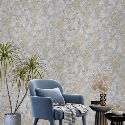Gray gold metallic distressed pearl plaster textured Victorian damask Wallpaper