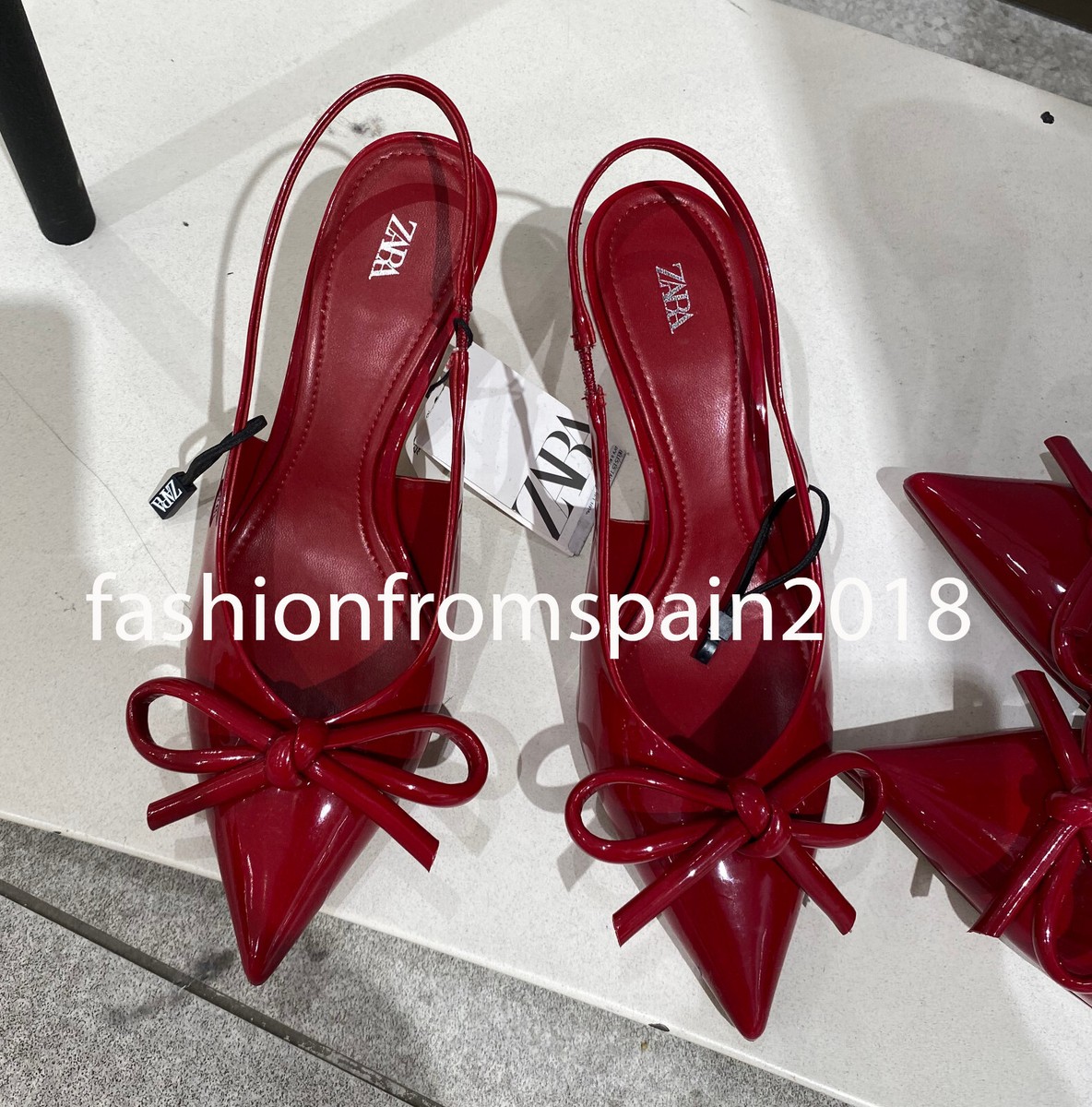 ZARA NEW WOMAN SLINGBACK PATENT BOW HEEL SHOES RED 35-42