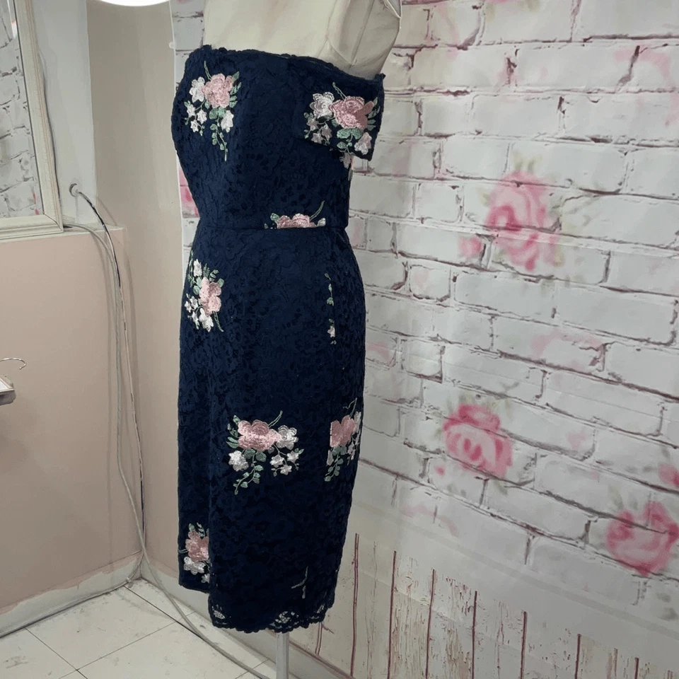 Платье миди Nicole Miller женское без бретелек на шнуровке с цветочным рисунком с открытыми плечами темно-синее 6 - Изображение 3 из 4