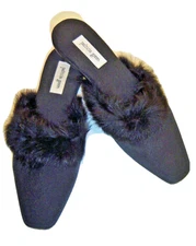 Patricia Green Black Kitten Heel Mules Fur Lined Bedroom Slides WMs 7M