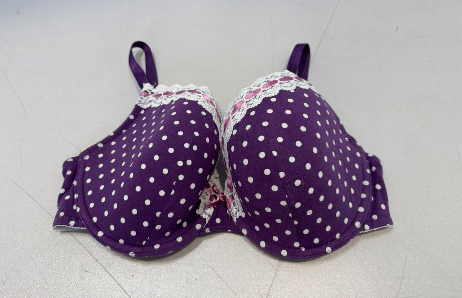 M&S Bra Underwired Padded Polka Dot Print Lace Trim Bra Size 34DD Purple