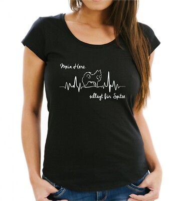 DEUTSCHER SPITZ DAMEN T-SHIRT HEARTBEAT EKG  Hund Hundemotiv Herz Herzschlag Spi