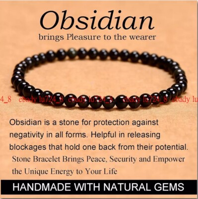 Natural Black Obsidian Stone Bracelet 4mm Healing Crystal Stretch Bracelet