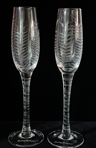 Tommy Bahama Hand Blown 10.25" Champagne Flute Glasses Etched Palm Set of 2 MINT - Picture 3 of 8