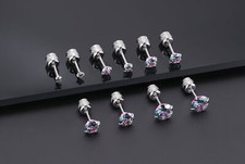 2Pair Silver Stainless Steel Round CZ Earrings Screw Back Ear Stud for Men Women