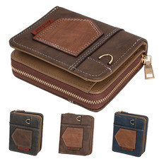 Retro Men Small Wallet Compact Bifold Leather Zipper Around Coin Purse Xmas Gift