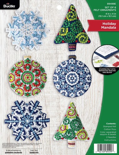 Bucilla Felt Applique 6 Piece Ornament Making Kit, Mandala Christmas, Perfect 