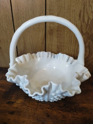 Vintage Fenton White Milk Glass Hobnail Basket Dish Ruffled Edge Handle