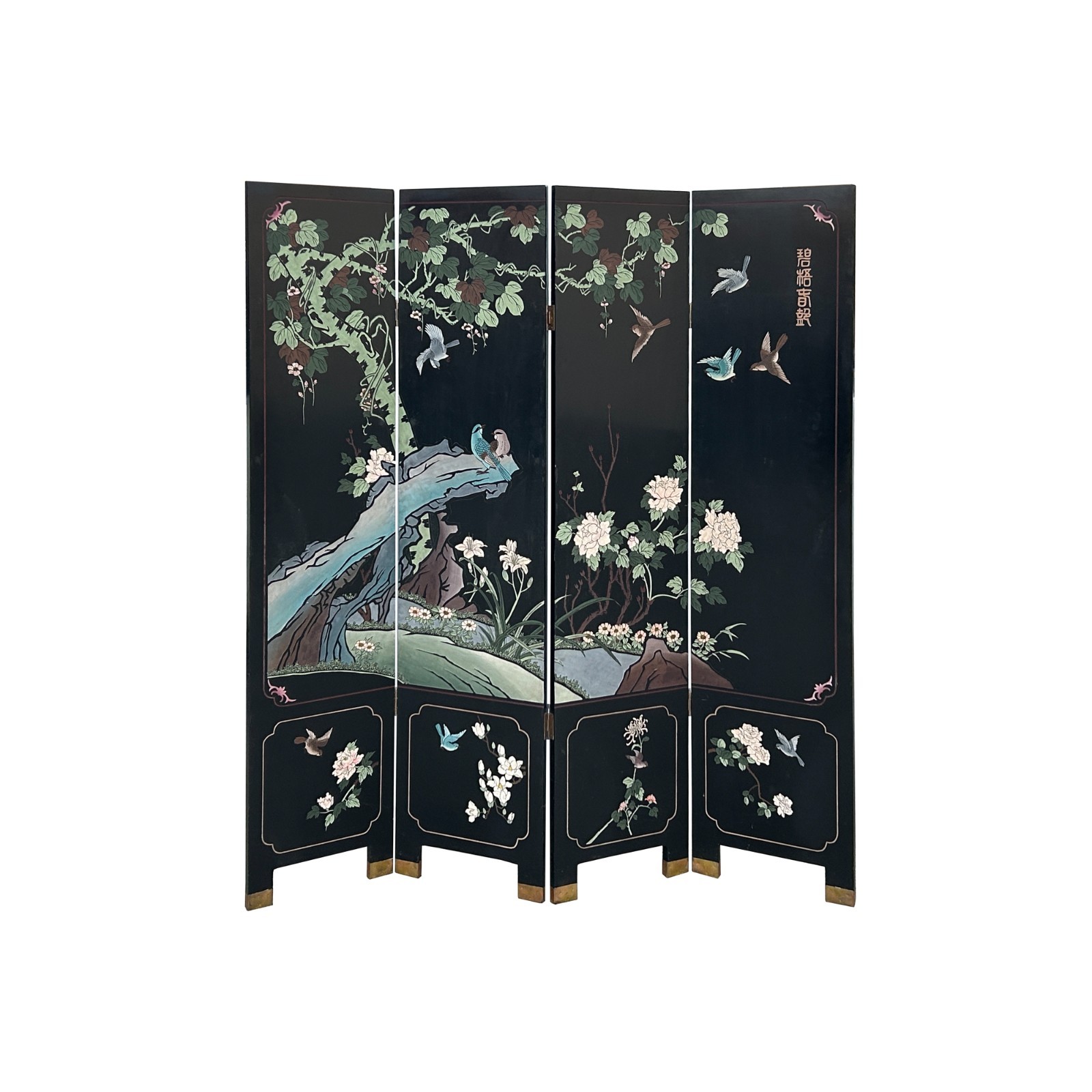 Chinese Black Base Color Flower Birds Graphic Floor Screen Divider GB121