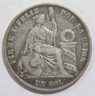 PERU 1872 UN SOL SEATED LIBERTY REPUBLIC COAT OF ARMS SILVER WORLD COIN 🌈⭐🌈