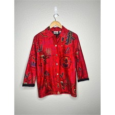 Vintage Chico's Design Red Silk Embroidered Jacket Artwear Boho Tribal Size 0 S