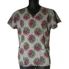 Divine Stretch Gray Geometric Mandala V-Neck Scrub Top Short Sleeve Women  s Med
