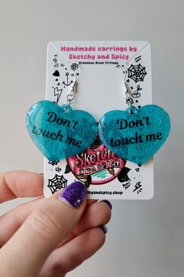 Türkis Glitzer Don t Touch Me Herz Ohrringe - Handarbeit Harz Alt Schmuck