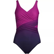 NWT Lands End SlenderSuit Tummy Control One Piece Pink Purple Navy Ombre Size 10