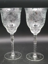 2 Antique Vintage Etched Floral Twisted Stem Delicate Crystal 8" Wine Glasses 
