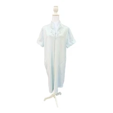 Vintage Miss Elaine Robe Large Blue Kimono Zip Front Short Sleeve Embroidered