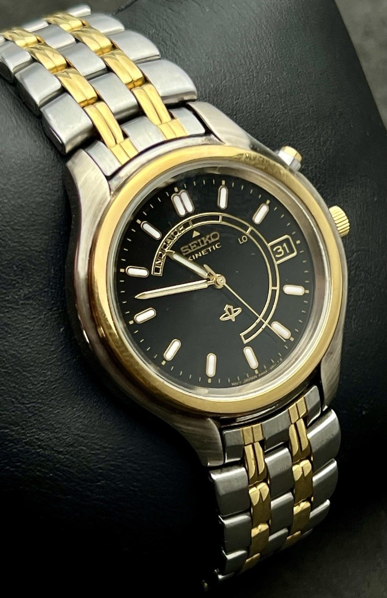 8*8様 【美品USED】SEIKO KINETIC（キネティック） Vtg New 1996 SEIKO Kinetic Mens 38mm Quartz Watch Date Gold