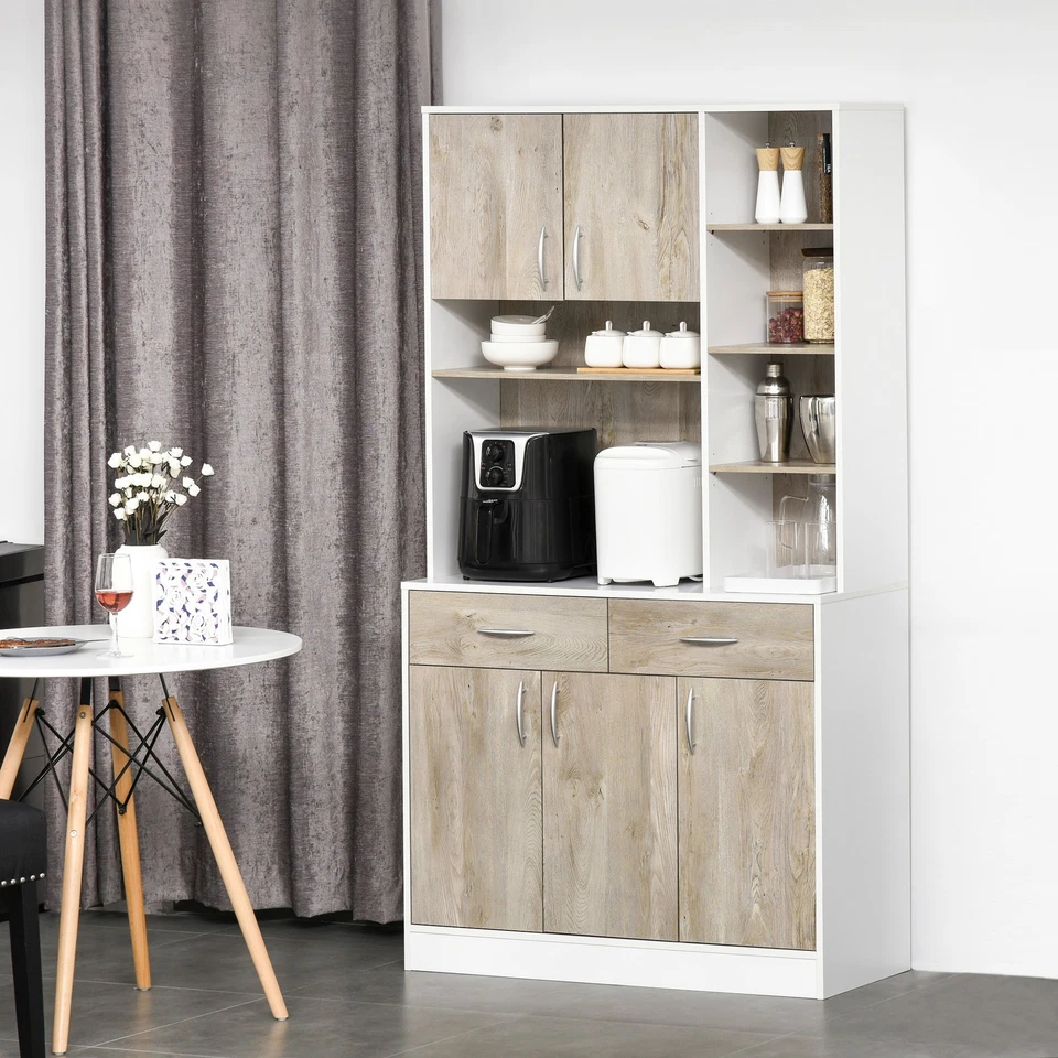 HOMCOM Mobile Buffet Dispensa Cucina, Ante Cassetti Vani Aperti, Bianco e Legno - Immagine 2 di 4