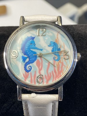 BWC Watch Company White Watch Band and Watch with Sea Horses on the Face New Bat