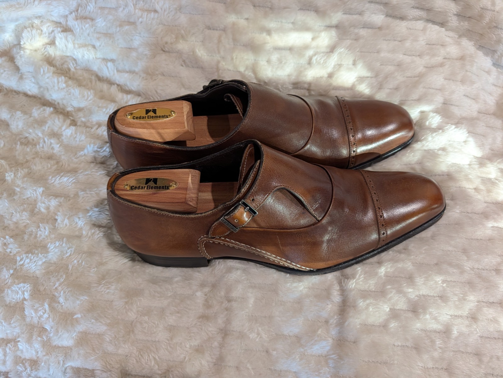 Mezlan Men’s Kingston Cognac Leather Monk Strap Cap Toe Dress Shoes US ...
