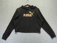 PUMA Essentials Crop Hoodie Womens Medium Black Metallic Logo Outdoor Drawstring
