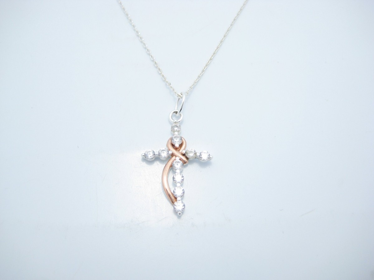 LACN Sterling Silver CZ Cross Pendant Chain Link Necklace 17.75