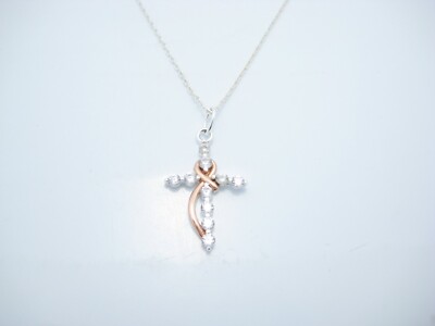 LACN Sterling Silver CZ Cross Pendant Chain Link Necklace 17.75