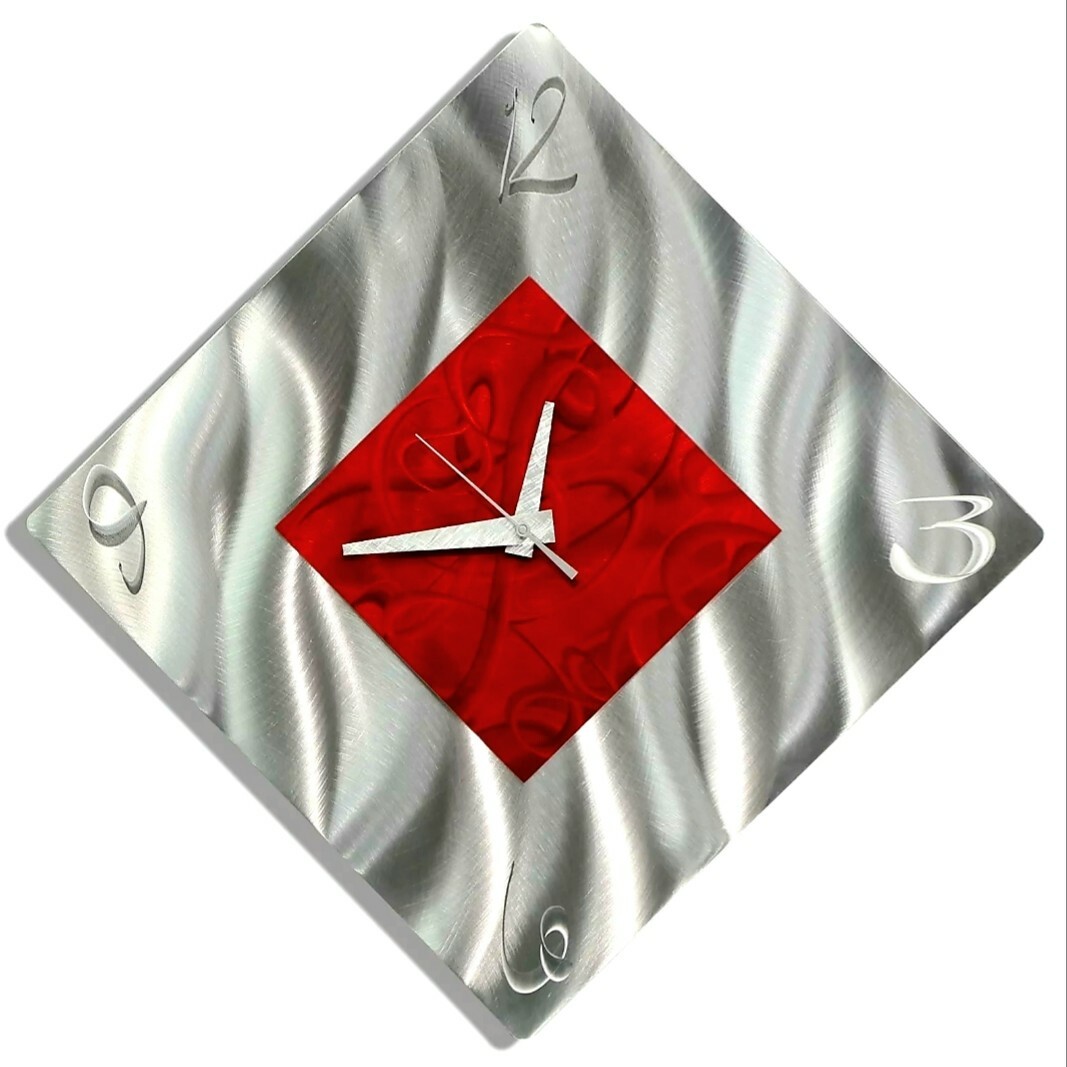 Modern Metal Wall Clock Art Etched Red Silver Hanging Sculpture Office Decor