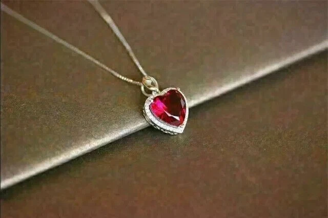 2Ct Heart Cut Lab Created Red Ruby Halo Women's Pendant 14K White Gold Plated - Image 3 of 4