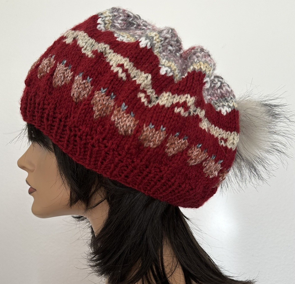 Hand Knits 2 Love Slouch Beanie Hat Cap Fair-isle Faux Fur  display picture 2