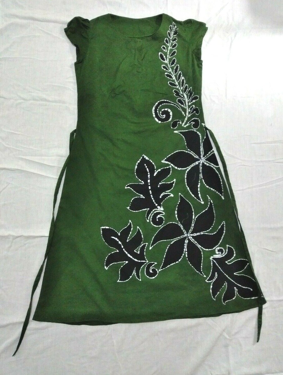 New Cotton Green Fashion Short Sleeved Batik Ladies Dress Hand