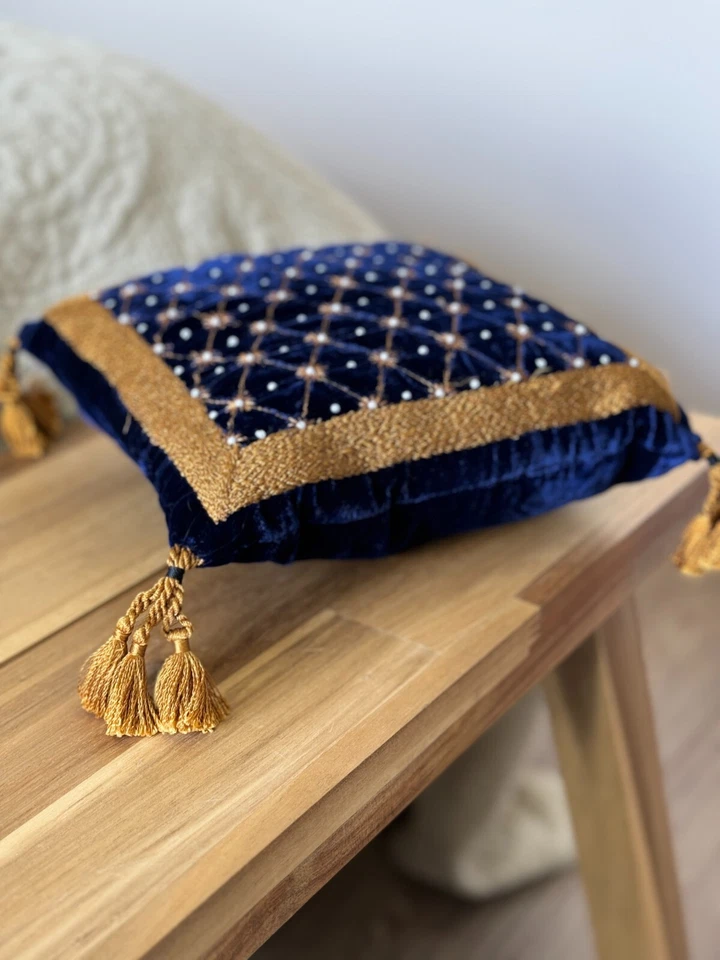 Luxury Navy Blue Gold Moroccan Style Handmade Embroidered 10" Filled Cushion - Image 2 of 4