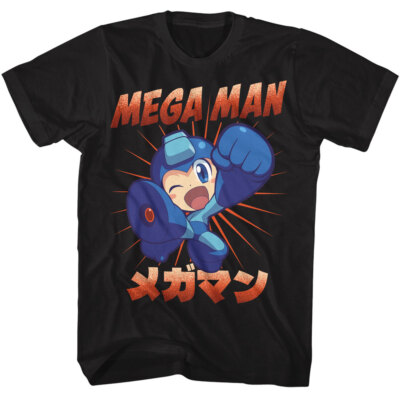 Mega Man Capcom Video Game Merch Chibi Kick Japanese Writing Men's T ...
