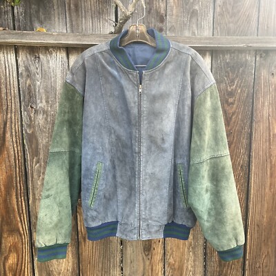 🕶️🛹 Vintage 90s green and blue suede patchwork bomber jacket