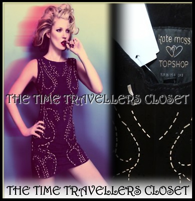 Brandneu mit Etikett Topshop Kate Moss weiches schwarzes Wildleder silber Leder Etuikleid 8 36 4 UVP 120 £