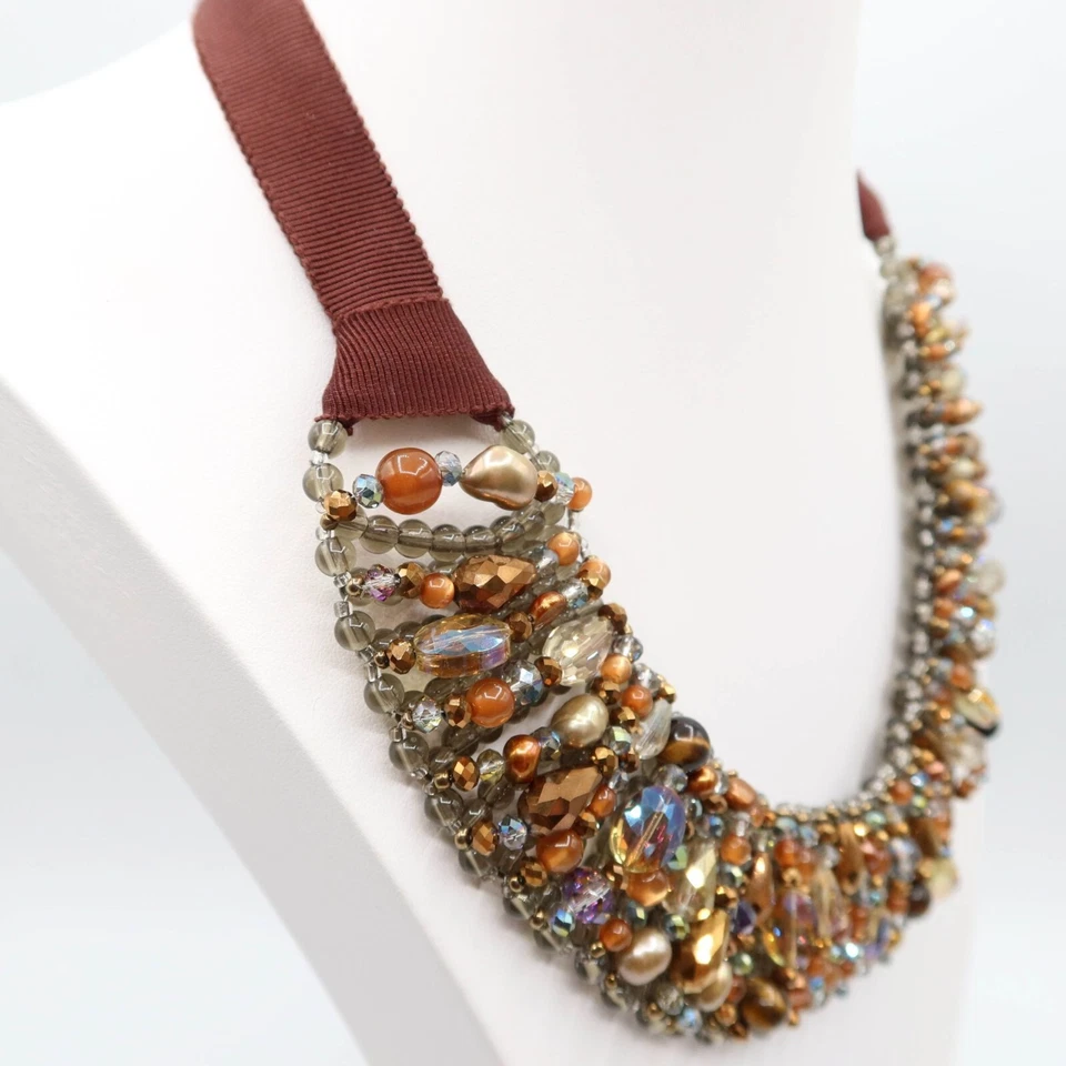 TALBOTS Caramel & Smoky Grey/Blue Beaded Collar Statement Necklace - Image 2 of 4