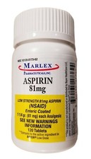 Low Dose "Baby" Aspirin 81mg Enteric Coated MARLEX 120 Tablets --