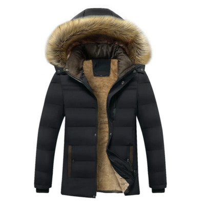 Winter Warm Thicken Fleeced Jacket Mens Hooded Faux Fur Collar Warm Coat Outwear