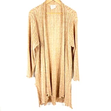 Linda Lundstrom Canada Sweater Size 16 Pink Gold Stripe Cardigan Ribbed Duster