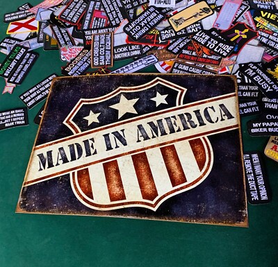 Made in America Tin Metal Sign Patriotic Flag Shield Wall Garage w/ FREE PATCH