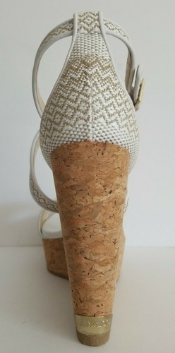 Jimmy Choo PORTIA White Tan Gold LOGO PLATE Cork Wedge Sandals 40 I LOVE SHOES - Picture 7 of 10
