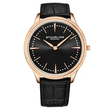 Stuhrling 3984 4 Symphony Classic Black Leather Strap Mens Watch Rose Gold