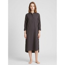 Uniqlo Striped Band Collar Shirt Dress Navy Tan Midi High Low Hem Pockets Size