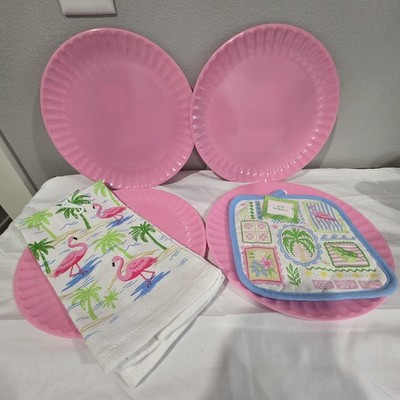 TROPICAL FLAMINGO KITCHEN TOWEL, Pot Holder & 4 Pink Melamine Dinner Plates Set