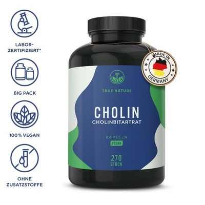 Cholin Kapseln - 270 Stück (3 Monate) - Cholinbitartrat - Vegan - TRUE NATURE 