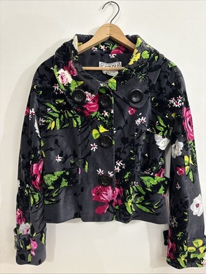 Vtg  Carlisle Black Floral Snap Button Front Blazer Cotton Velvet Size 6